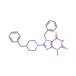 Cn1c(=O)[nH]c(=O)c2c1nc(N1CCC(Cc3ccccc3)CC1)n2Cc1ccccc1 ZINC000006530365