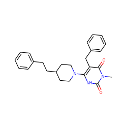 Cn1c(=O)[nH]c(N2CCC(CCc3ccccc3)CC2)c(Cc2ccccc2)c1=O ZINC000028707998