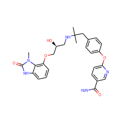 Cn1c(=O)[nH]c2cccc(OC[C@@H](O)CNC(C)(C)Cc3ccc(Oc4ccc(C(N)=O)cn4)cc3)c21 ZINC000038151180