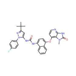 Cn1c(=O)[nH]c2nccc(Oc3ccc(NC(=O)Nc4cc(C(C)(C)C)nn4-c4ccc(F)cc4)c4ccccc34)c21 ZINC000049781189