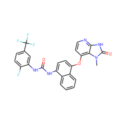 Cn1c(=O)[nH]c2nccc(Oc3ccc(NC(=O)Nc4cc(C(F)(F)F)ccc4F)c4ccccc34)c21 ZINC000040952528