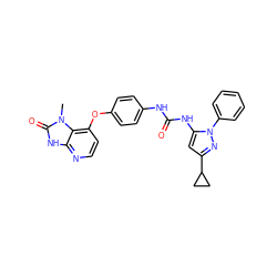 Cn1c(=O)[nH]c2nccc(Oc3ccc(NC(=O)Nc4cc(C5CC5)nn4-c4ccccc4)cc3)c21 ZINC000049070037