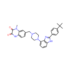 Cn1c(=O)c(=O)[nH]c2ccc(CN3CCN(c4cccc5[nH]c(-c6ccc(C(C)(C)C)cc6)nc45)CC3)cc21 ZINC000040900495