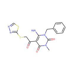 Cn1c(=O)c(C(=O)CSc2nncs2)c(N)n(Cc2ccccc2)c1=O ZINC000003413087