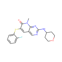 Cn1c(=O)c(Sc2ccccc2F)cc2cnc(NC3CCOCC3)nc21 ZINC000071316275