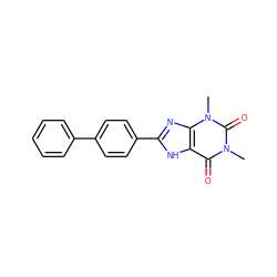 Cn1c(=O)c2[nH]c(-c3ccc(-c4ccccc4)cc3)nc2n(C)c1=O ZINC000026015088