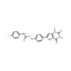 Cn1c(=O)c2[nH]c(-c3ccc(COC(=O)Nc4ccc(F)cc4)cc3)cc2n(C)c1=O ZINC000040395321