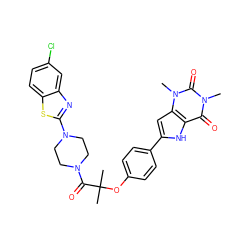 Cn1c(=O)c2[nH]c(-c3ccc(OC(C)(C)C(=O)N4CCN(c5nc6cc(Cl)ccc6s5)CC4)cc3)cc2n(C)c1=O ZINC000029059612