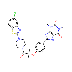 Cn1c(=O)c2[nH]c(-c3ccc(OC(C)(C)C(=O)N4CCN(c5nc6cc(Cl)ccc6s5)CC4)cc3)nc2n(C)c1=O ZINC000044308275