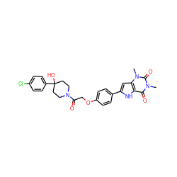 Cn1c(=O)c2[nH]c(-c3ccc(OCC(=O)N4CCC(O)(c5ccc(Cl)cc5)CC4)cc3)cc2n(C)c1=O ZINC000029058114