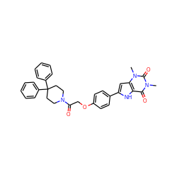 Cn1c(=O)c2[nH]c(-c3ccc(OCC(=O)N4CCC(c5ccccc5)(c5ccccc5)CC4)cc3)cc2n(C)c1=O ZINC000029057978