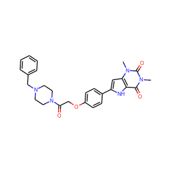 Cn1c(=O)c2[nH]c(-c3ccc(OCC(=O)N4CCN(Cc5ccccc5)CC4)cc3)cc2n(C)c1=O ZINC000029059073