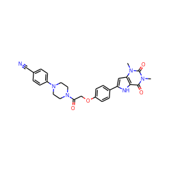 Cn1c(=O)c2[nH]c(-c3ccc(OCC(=O)N4CCN(c5ccc(C#N)cc5)CC4)cc3)cc2n(C)c1=O ZINC000029059788