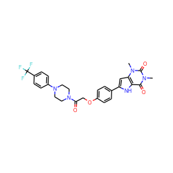 Cn1c(=O)c2[nH]c(-c3ccc(OCC(=O)N4CCN(c5ccc(C(F)(F)F)cc5)CC4)cc3)cc2n(C)c1=O ZINC000029059905