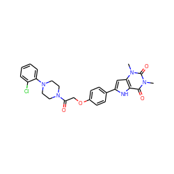 Cn1c(=O)c2[nH]c(-c3ccc(OCC(=O)N4CCN(c5ccccc5Cl)CC4)cc3)cc2n(C)c1=O ZINC000029059898