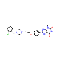 Cn1c(=O)c2[nH]c(-c3ccc(OCCCN4CCN(Cc5ccccc5Cl)CC4)cc3)nc2n(C)c1=O ZINC000103269598