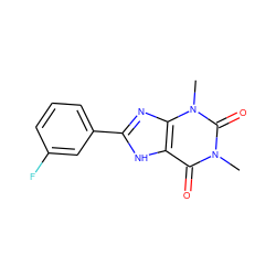 Cn1c(=O)c2[nH]c(-c3cccc(F)c3)nc2n(C)c1=O ZINC000012405297