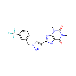 Cn1c(=O)c2[nH]c(-c3cnn(Cc4cccc(C(F)(F)F)c4)c3)nc2n(C)c1=O ZINC000008560063