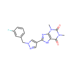 Cn1c(=O)c2[nH]c(-c3cnn(Cc4cccc(F)c4)c3)nc2n(C)c1=O ZINC000029056332