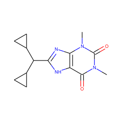 Cn1c(=O)c2[nH]c(C(C3CC3)C3CC3)nc2n(C)c1=O ZINC000012405428