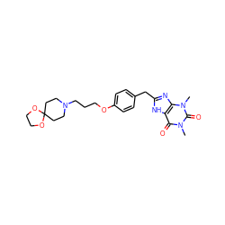 Cn1c(=O)c2[nH]c(Cc3ccc(OCCCN4CCC5(CC4)OCCO5)cc3)nc2n(C)c1=O ZINC000103269606