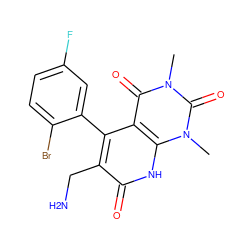 Cn1c(=O)c2c(-c3cc(F)ccc3Br)c(CN)c(=O)[nH]c2n(C)c1=O ZINC000038209784