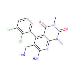 Cn1c(=O)c2c(-c3cccc(Cl)c3Cl)c(CN)c(N)nc2n(C)c1=O ZINC000095573700