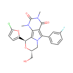 Cn1c(=O)c2c(-c3cccc(F)c3)n3c(c2n(C)c1=O)[C@H](c1ccc(Cl)o1)O[C@@H](CO)C3 ZINC000209536384