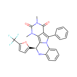 Cn1c(=O)c2c(-c3ccccc3)n3c(c2n(C)c1=O)[C@H](c1ccc(C(F)(F)F)o1)Nc1ccccc1-3 ZINC000072120396