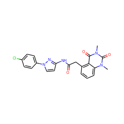 Cn1c(=O)c2c(CC(=O)Nc3ccn(-c4ccc(Cl)cc4)n3)cccc2n(C)c1=O ZINC000117159469