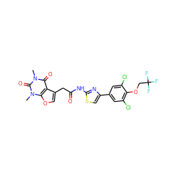 Cn1c(=O)c2c(CC(=O)Nc3nc(-c4cc(Cl)c(OCC(F)(F)F)c(Cl)c4)cs3)coc2n(C)c1=O ZINC000068247415