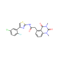 Cn1c(=O)c2c(CC(=O)Nc3nc(-c4cc(Cl)ccc4F)cs3)cccc2n(C)c1=O ZINC000117158680