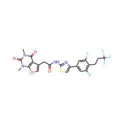 Cn1c(=O)c2c(CC(=O)Nc3nc(-c4cc(F)c(CCC(F)(F)F)c(F)c4)cs3)coc2n(C)c1=O ZINC001772578256