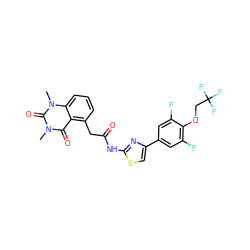 Cn1c(=O)c2c(CC(=O)Nc3nc(-c4cc(F)c(OCC(F)(F)F)c(F)c4)cs3)cccc2n(C)c1=O ZINC000117151837