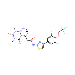 Cn1c(=O)c2c(CC(=O)Nc3nc(-c4cc(F)c(OCC(F)(F)F)c(F)c4)cs3)ccnc2n(C)c1=O ZINC000143072538