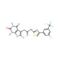 Cn1c(=O)c2c(CC(=O)Nc3nc(-c4cc(F)cc(C(F)(F)F)c4)cs3)c(Cl)oc2n(C)c1=O ZINC000142267572