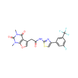 Cn1c(=O)c2c(CC(=O)Nc3nc(-c4cc(F)cc(C(F)(F)F)c4)cs3)coc2n(C)c1=O ZINC000139024929