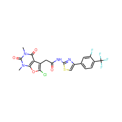 Cn1c(=O)c2c(CC(=O)Nc3nc(-c4ccc(C(F)(F)F)c(F)c4)cs3)c(Cl)oc2n(C)c1=O ZINC000140788119