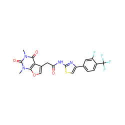 Cn1c(=O)c2c(CC(=O)Nc3nc(-c4ccc(C(F)(F)F)c(F)c4)cs3)coc2n(C)c1=O ZINC000068247412