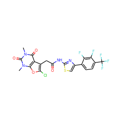 Cn1c(=O)c2c(CC(=O)Nc3nc(-c4ccc(C(F)(F)F)c(F)c4F)cs3)c(Cl)oc2n(C)c1=O ZINC000118911066