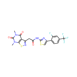 Cn1c(=O)c2c(CC(=O)Nc3nc(-c4ccc(C(F)(F)F)cc4F)cs3)nsc2n(C)c1=O ZINC000068246214