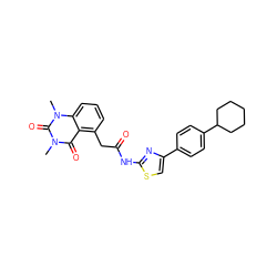 Cn1c(=O)c2c(CC(=O)Nc3nc(-c4ccc(C5CCCCC5)cc4)cs3)cccc2n(C)c1=O ZINC000117159901