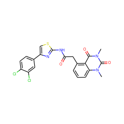 Cn1c(=O)c2c(CC(=O)Nc3nc(-c4ccc(Cl)c(Cl)c4)cs3)cccc2n(C)c1=O ZINC000117156261