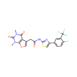 Cn1c(=O)c2c(CC(=O)Nc3nc(-c4ccc(F)c(C(F)(F)F)c4)cs3)coc2n(C)c1=O ZINC000139019583