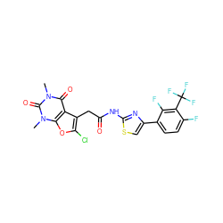 Cn1c(=O)c2c(CC(=O)Nc3nc(-c4ccc(F)c(C(F)(F)F)c4F)cs3)c(Cl)oc2n(C)c1=O ZINC000140779126