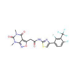 Cn1c(=O)c2c(CC(=O)Nc3nc(-c4ccc(F)c(C(F)(F)F)c4F)cs3)onc2n(C)c1=O ZINC000205932617