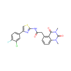 Cn1c(=O)c2c(CC(=O)Nc3nc(-c4ccc(F)c(Cl)c4)cs3)cccc2n(C)c1=O ZINC000117159401