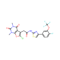 Cn1c(=O)c2c(CC(=O)Nc3nc(-c4ccc(F)c(OC(F)(F)F)c4)cs3)c(Cl)oc2n(C)c1=O ZINC000142309398