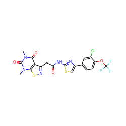 Cn1c(=O)c2c(CC(=O)Nc3nc(-c4ccc(OC(F)(F)F)c(Cl)c4)cs3)nsc2n(C)c1=O ZINC000116860538