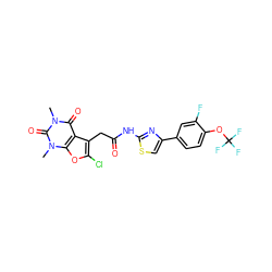 Cn1c(=O)c2c(CC(=O)Nc3nc(-c4ccc(OC(F)(F)F)c(F)c4)cs3)c(Cl)oc2n(C)c1=O ZINC000142373262